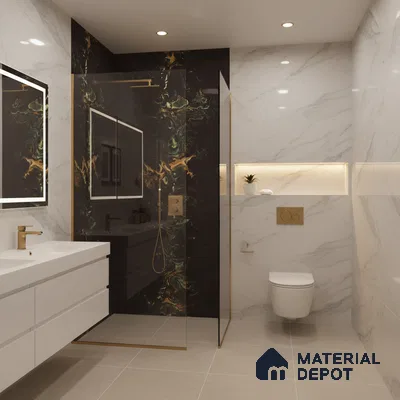 Modern bathroom with white marble wall tiles, black marble highlighter shower wall, and beige floor tiles | Material Depot