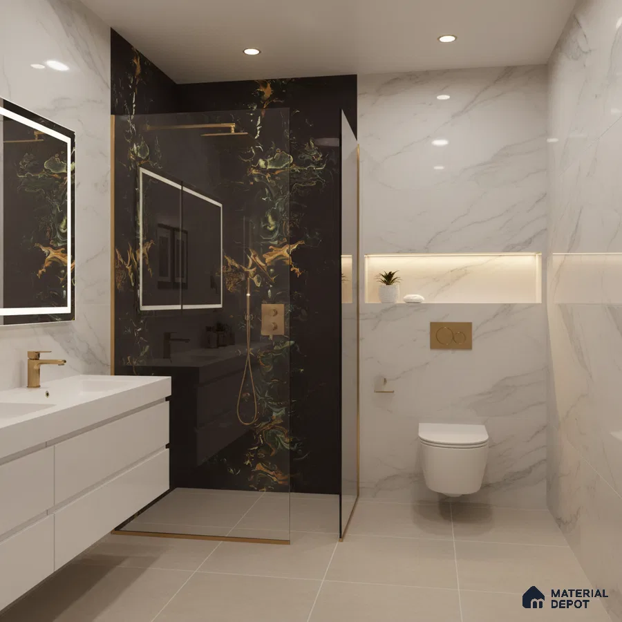 Modern bathroom with white marble wall tiles, black marble highlighter shower wall, and beige floor tiles | Material Depot