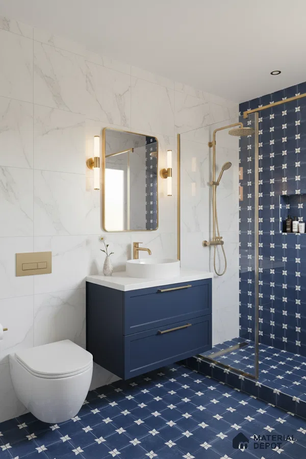 Modern bathroom with white marble wall tiles, blue geometric patterned floor and shower tiles, and navy vanity in Bengaluru | Material Depot