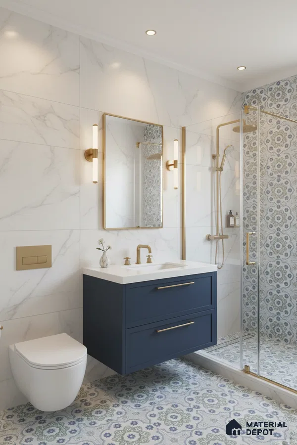 Modern bathroom with white marble wall tiles, blue patterned floor tiles, and gold fixtures in Bengaluru | Material Depot