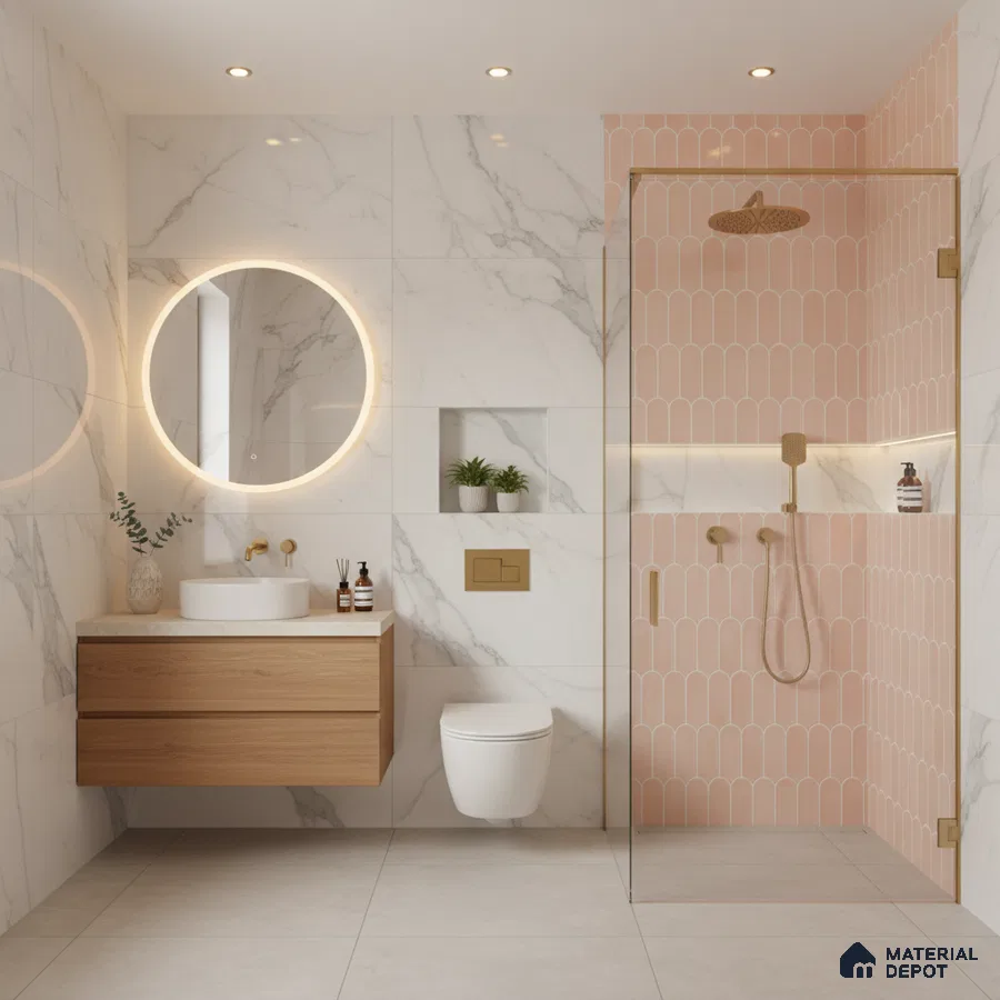 Modern bathroom with white marble wall tiles, blush pink scallop highlighter tiles, and oak wood floating vanity | Material Depot