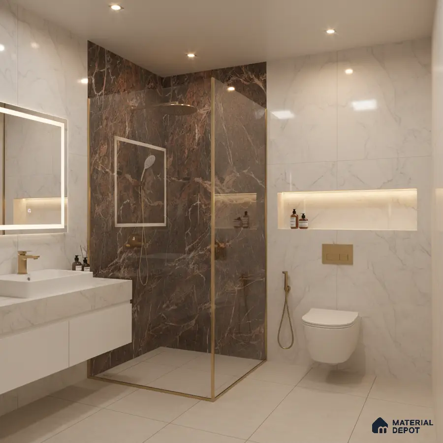 Modern bathroom with white marble wall tiles, brown marble shower accent, and beige floor tiles | Material Depot