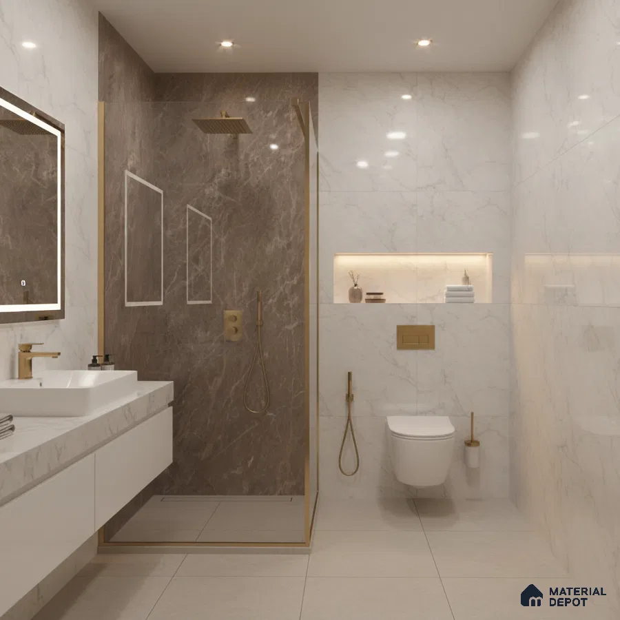Modern bathroom with white marble wall tiles, brown marble shower accent, and gold fixtures | Material Depot