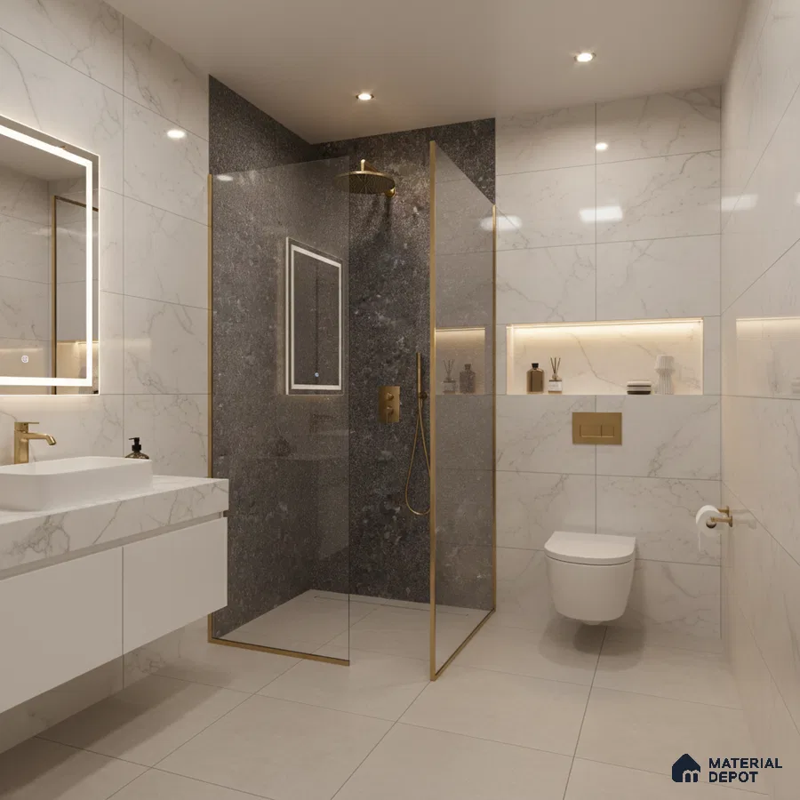 Modern bathroom with white marble wall tiles, dark stone shower accent, and beige floor tiles | Material Depot
