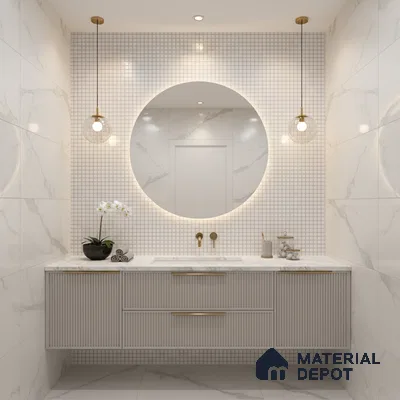 Modern bathroom with white marble wall tiles, fluted vanity, and mosaic accent wall