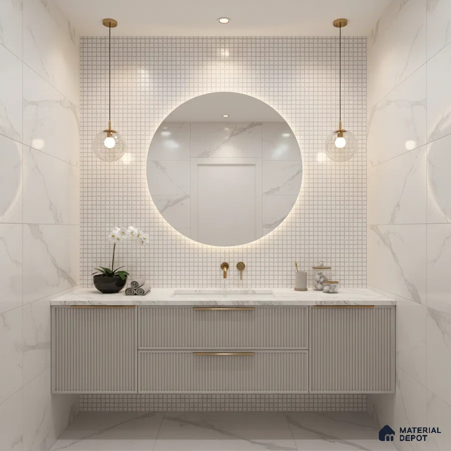 Modern bathroom with white marble wall tiles, fluted vanity, and mosaic accent wall