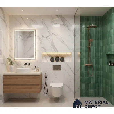 Modern bathroom with white marble wall tiles, green kitkat subway shower tiles, and floating wood vanity | Material Depot