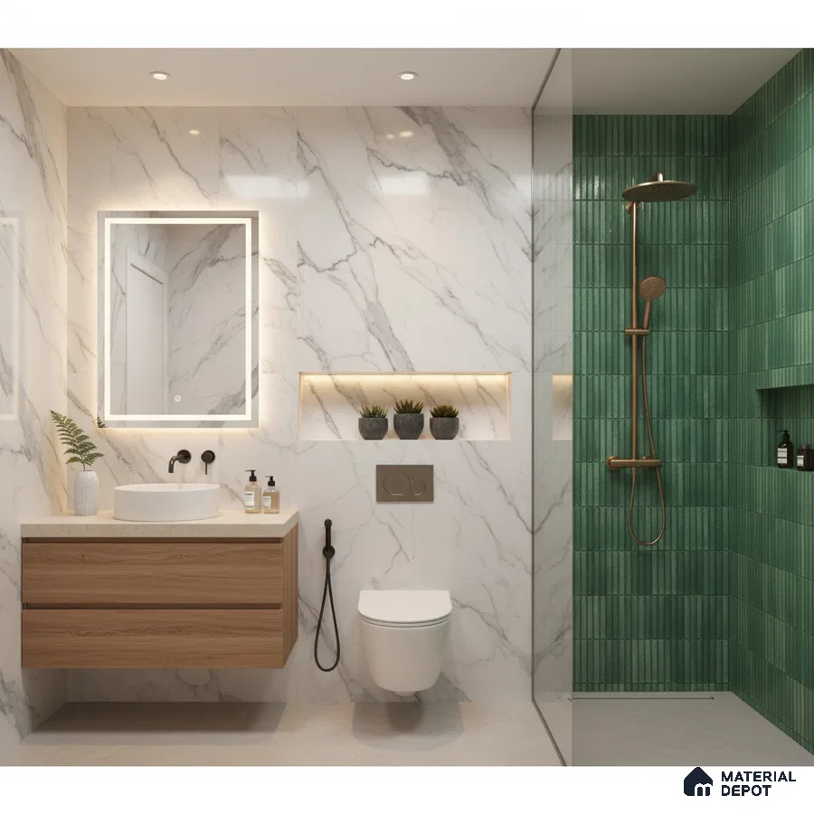 Modern bathroom with white marble wall tiles, green kitkat subway shower tiles, and floating wood vanity | Material Depot