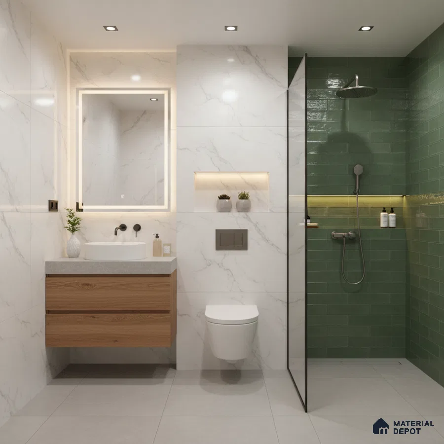 Modern bathroom with white marble wall tiles, green subway shower tiles, and wood vanity | Material Depot