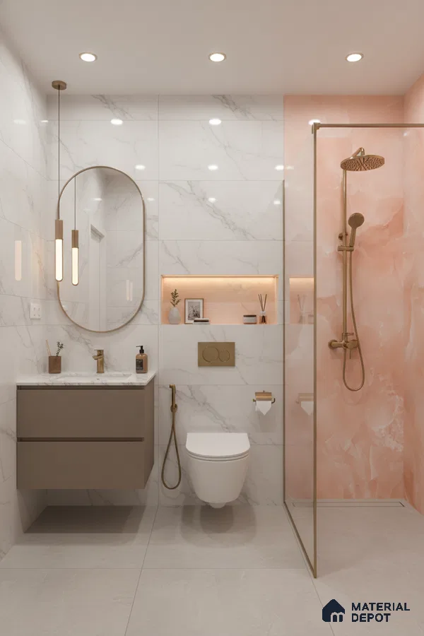 Modern bathroom with white marble wall tiles, peach onyx look highlighter tile, and beige floating vanity | Material Depot
