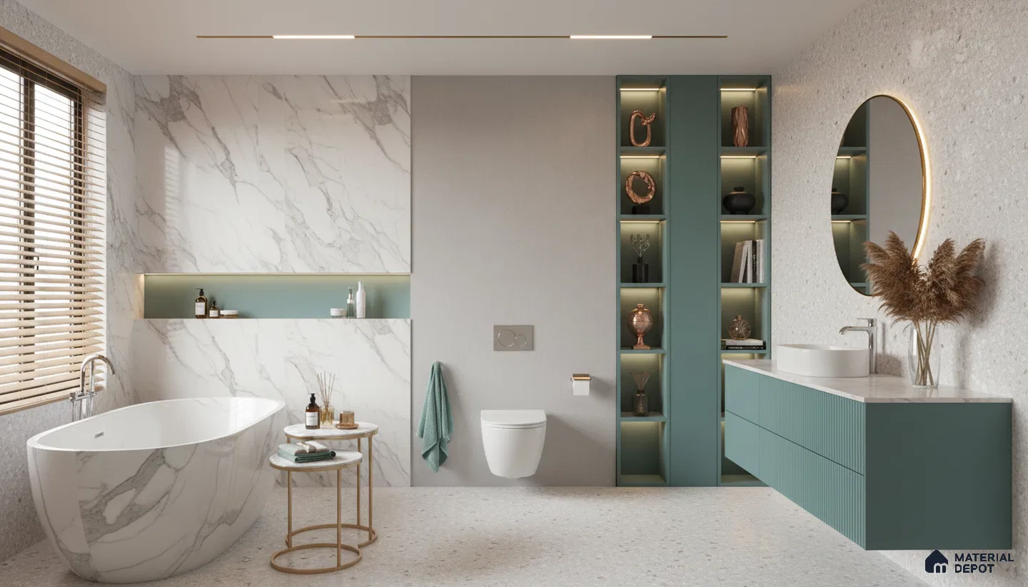 Modern bathroom design with white marble wall tiles, sage green fluted vanity, terrazzo floor tiles in Bengaluru | Material Depot