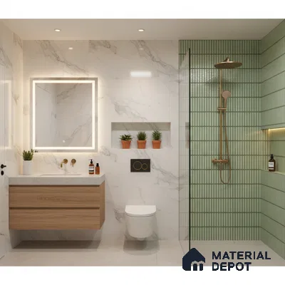Modern bathroom with white marble wall tiles, sage green kitkat wall tiles, and wood vanity | Material Depot