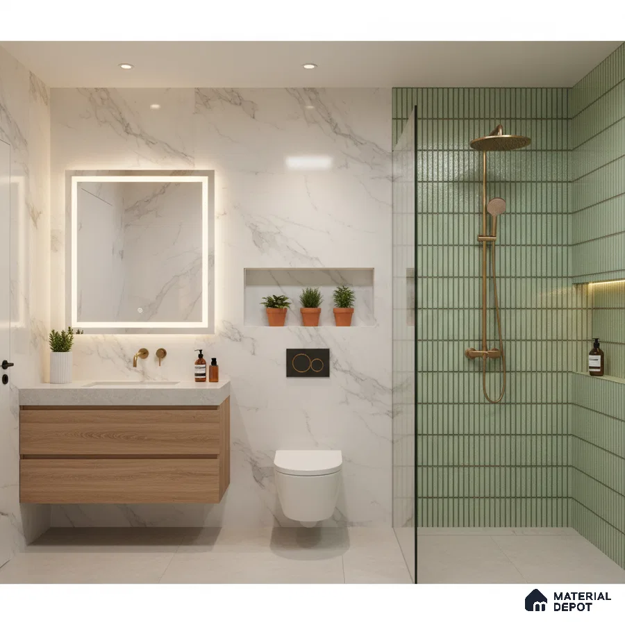 Modern bathroom with white marble wall tiles, sage green kitkat wall tiles, and wood vanity | Material Depot
