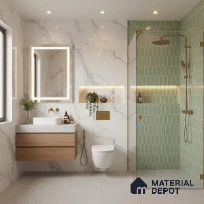 Modern bathroom with white marble wall tiles, sage green picket wall tiles, and floating wood vanity | Material Depot