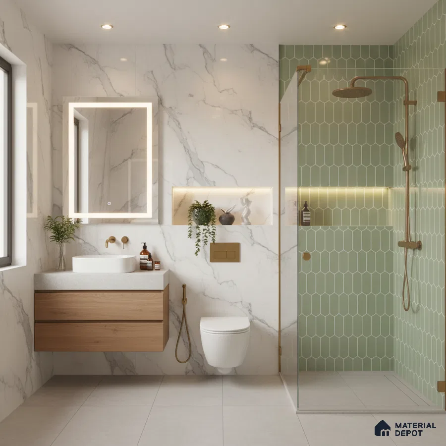 Modern bathroom with white marble wall tiles, sage green picket wall tiles, and floating wood vanity | Material Depot