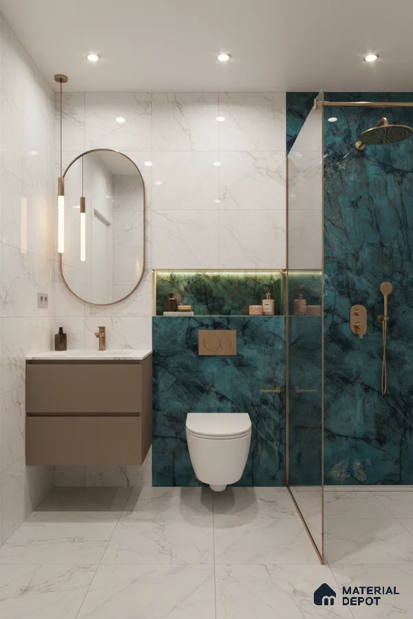 Modern bathroom with white marble wall tiles, teal blue marble highlighter tiles, and floating taupe vanity | Material Depot