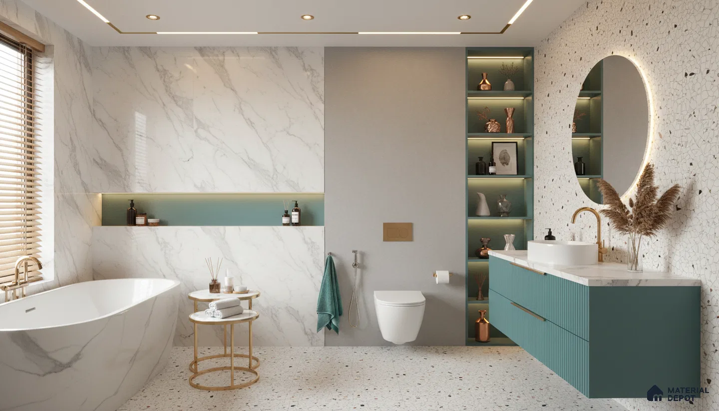 Modern bathroom design with white marble wall tiles, teal fluted vanity, terrazzo floor tiles, and gold accents in Bengaluru | Material Depot