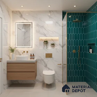Modern bathroom with white marble wall tiles, teal scallop highlighter shower tiles, and floating wood vanity | Material Depot