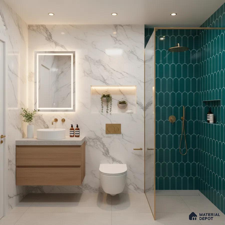Modern bathroom with white marble wall tiles, teal scallop highlighter shower tiles, and floating wood vanity | Material Depot