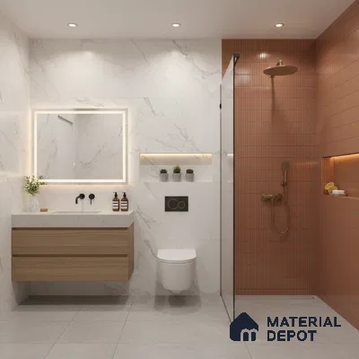 Modern bathroom with white marble wall tiles, terracotta kitkat shower wall tiles, and floating wood vanity | Material Depot