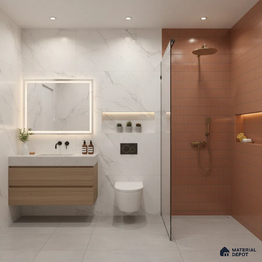 Modern bathroom with white marble wall tiles, terracotta kitkat shower wall tiles, and floating wood vanity | Material Depot