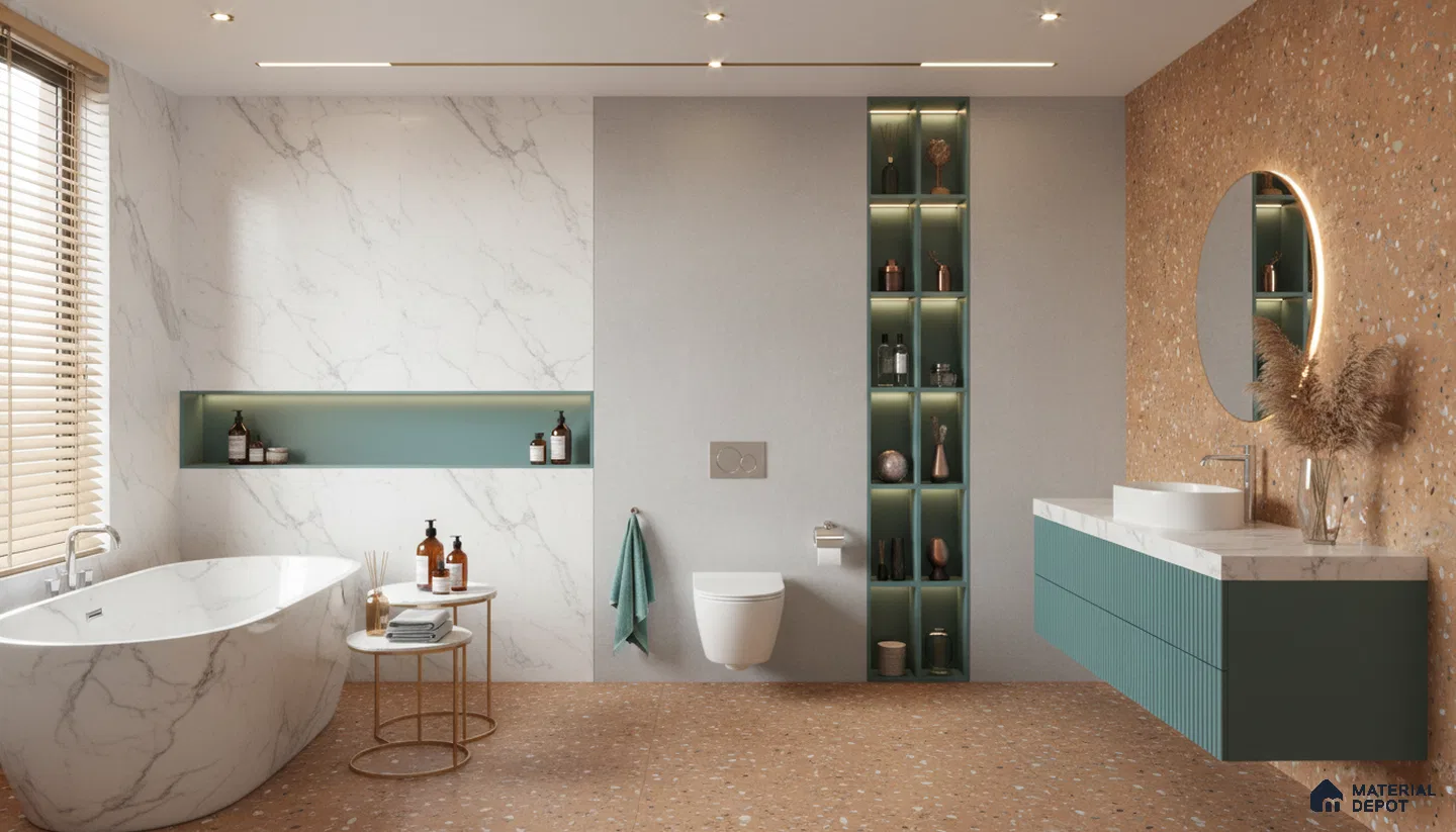 Modern bathroom design with white marble wall tiles, terracotta terrazzo floor and wall tiles, and sage green fluted vanity in Bengaluru | Material Depot
