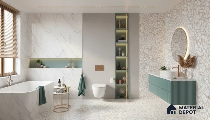 Modern bathroom design with white marble wall tiles, terrazzo floor and wall tiles, and sage green fluted vanity in Bengaluru | Material Depot