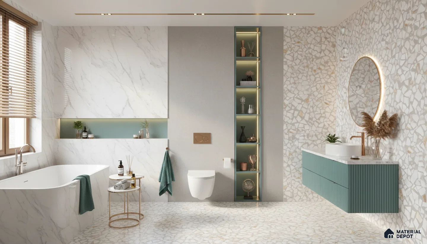Modern bathroom design with white marble wall tiles, terrazzo floor and wall tiles, and sage green fluted vanity in Bengaluru | Material Depot