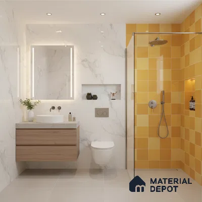 Modern bathroom with white marble wall tiles, yellow square shower tiles, and light wood floating vanity | Material Depot