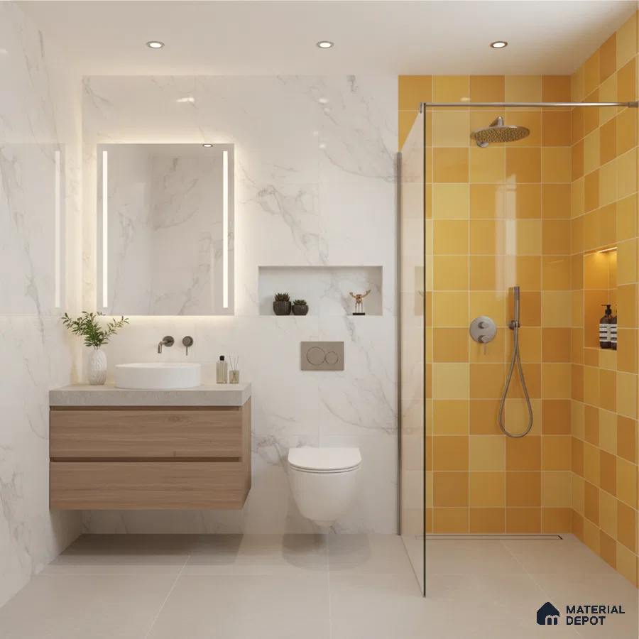 Modern bathroom with white marble wall tiles, yellow square shower tiles, and light wood floating vanity | Material Depot
