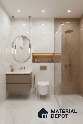 Modern bathroom with white marble-look tiles and beige stone accent shower wall | Material Depot