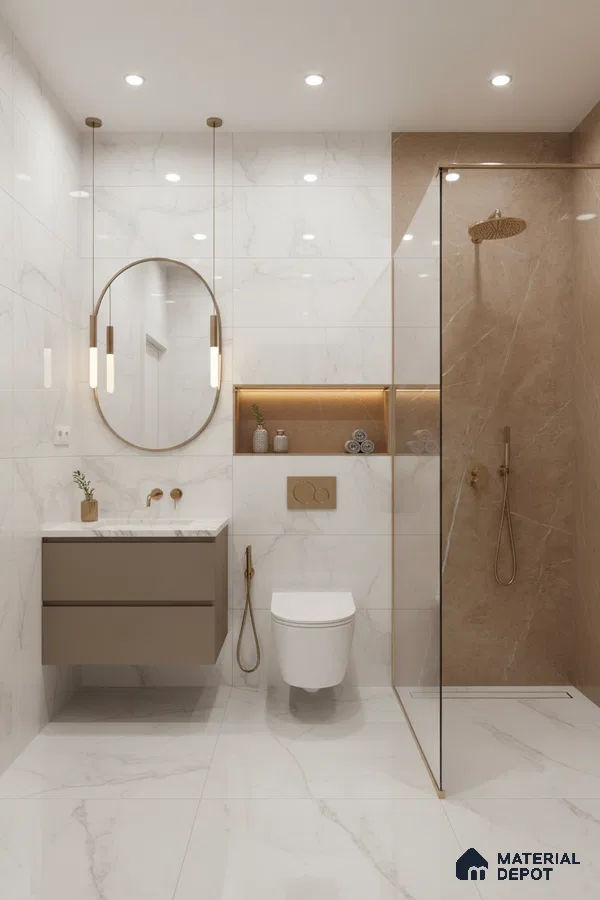Modern bathroom with white marble-look tiles and beige stone accent shower wall | Material Depot
