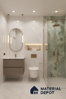 Modern bathroom with white marble-look tiles and green onyx highlighter shower wall | Material Depot