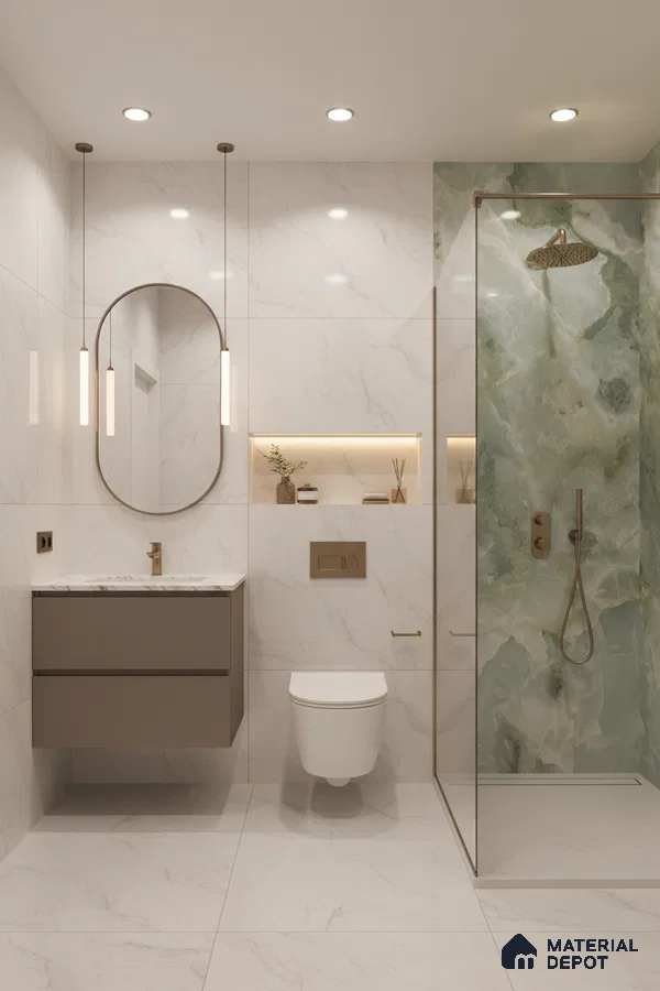 Modern bathroom with white marble-look tiles and green onyx highlighter shower wall | Material Depot