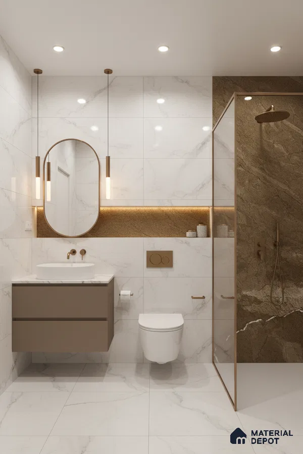 Modern bathroom with white marble-look tiles, brown stone accent wall, and matte taupe vanity | Material Depot