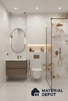 Modern bathroom with white marble-look tiles, gold accent fittings, and taupe floating vanity | Material Depot