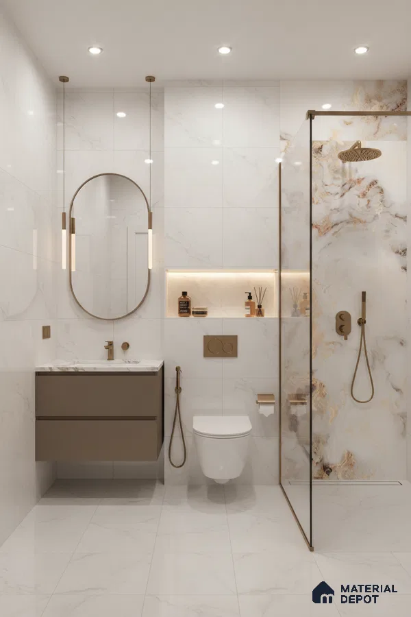 Modern bathroom with white marble-look tiles, gold accent fittings, and taupe floating vanity | Material Depot