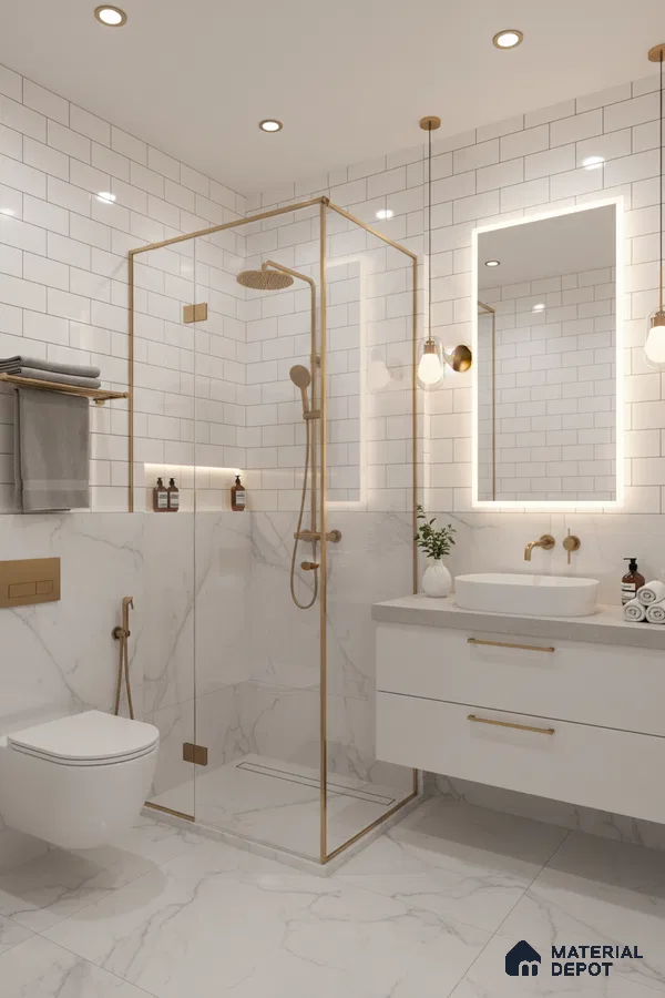 Modern bathroom with white marble-look tiles, subway wall tiles, and gold accents | Material Depot