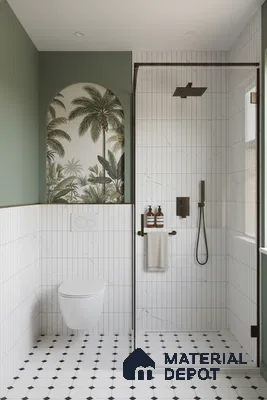 Modern bathroom with white marble-look vertical wall tiles, tropical accent tile, and black-and-white geometric floor tiles | Material Depot