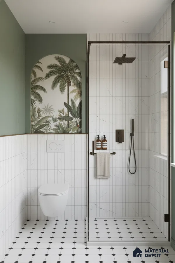 Modern bathroom with white marble-look vertical wall tiles, tropical accent tile, and black-and-white geometric floor tiles | Material Depot