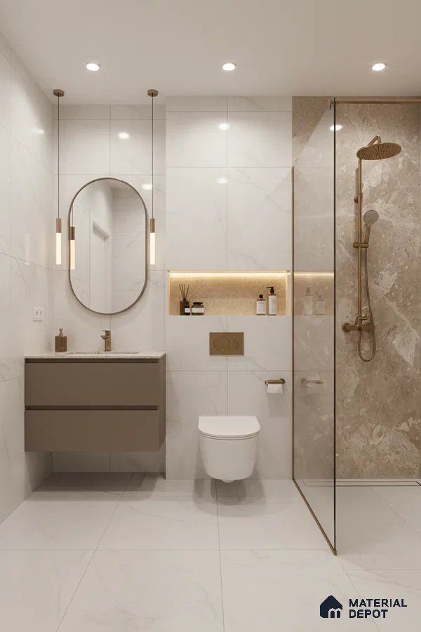 Modern bathroom with white marble-look wall and floor tiles, beige marble shower wall, and taupe floating vanity | Material Depot