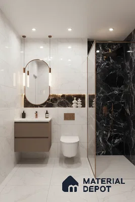 Modern bathroom with white marble-look wall and floor tiles, black marble highlighter wall, and floating taupe vanity | Material Depot