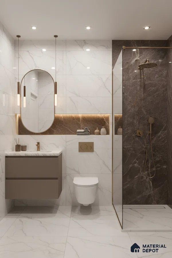 Modern bathroom with white marble-look wall and floor tiles, brown marble accent shower wall, and floating taupe vanity | Material Depot