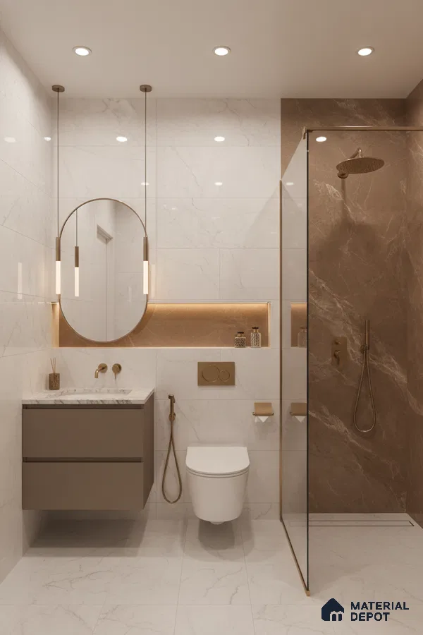 Modern bathroom with white marble-look wall and floor tiles, brown marble accent shower wall, and floating taupe vanity | Material Depot
