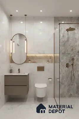Modern bathroom with white marble-look wall and floor tiles, taupe floating vanity, and grey stone accent shower wall | Material Depot