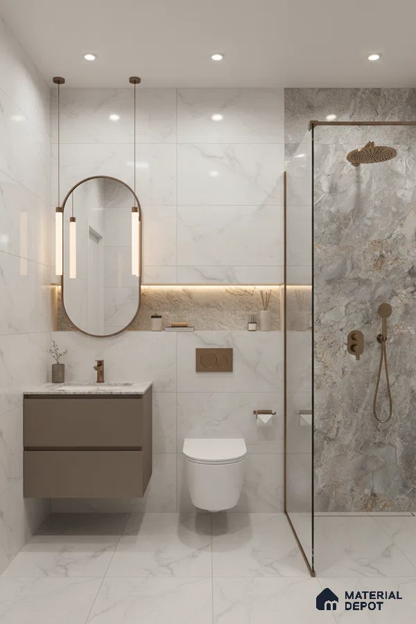 Modern bathroom with white marble-look wall and floor tiles, taupe floating vanity, and grey stone accent shower wall | Material Depot