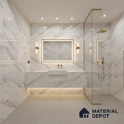 Modern bathroom with white marble-look wall tiles and beige matte floor tiles | Material Depot