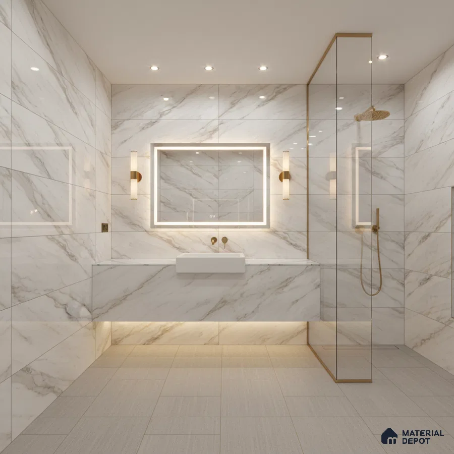 Modern bathroom with white marble-look wall tiles and beige matte floor tiles | Material Depot