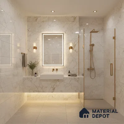Modern bathroom with white marble-look wall tiles and beige stone floor tiles | Material Depot