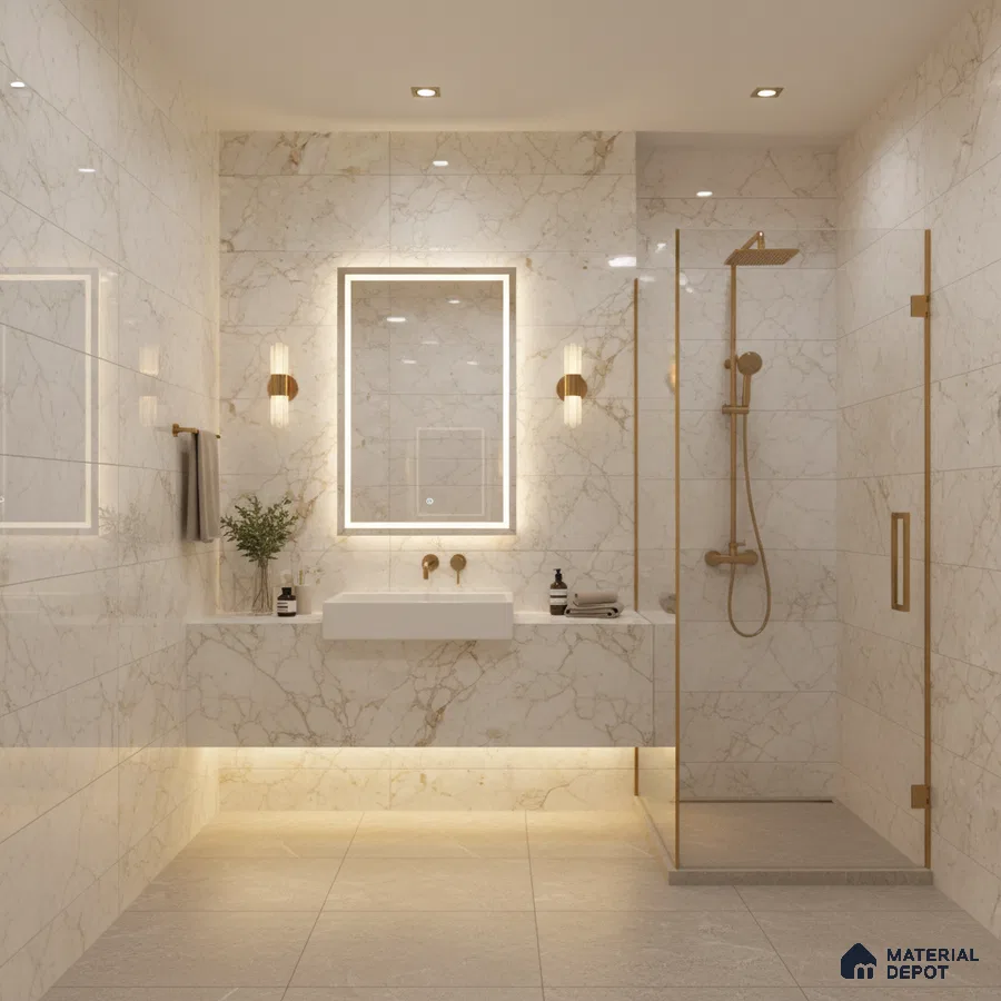 Modern bathroom with white marble-look wall tiles and beige stone floor tiles | Material Depot
